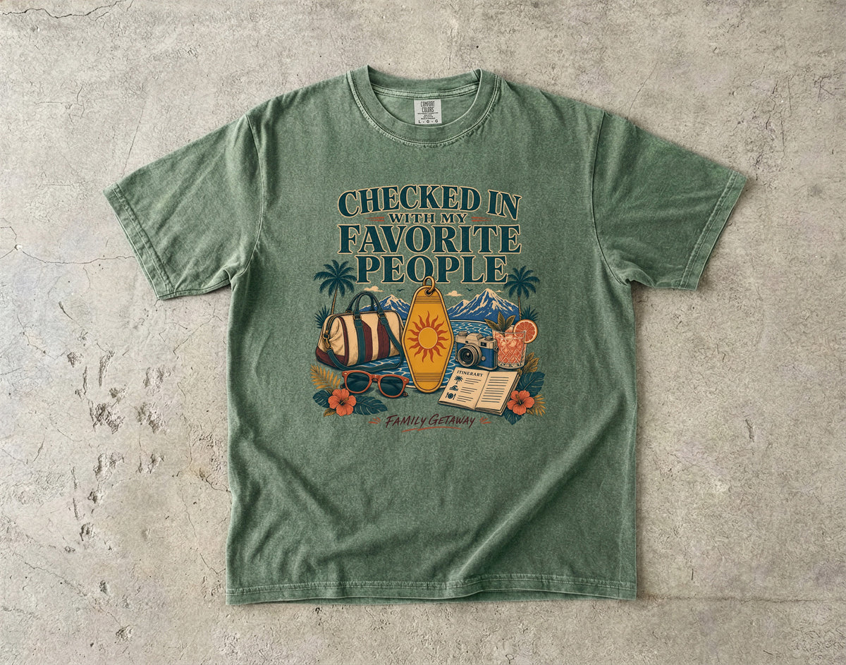 Checked In with My Favorite People Family Getaway Shirt in Moss – flat lay