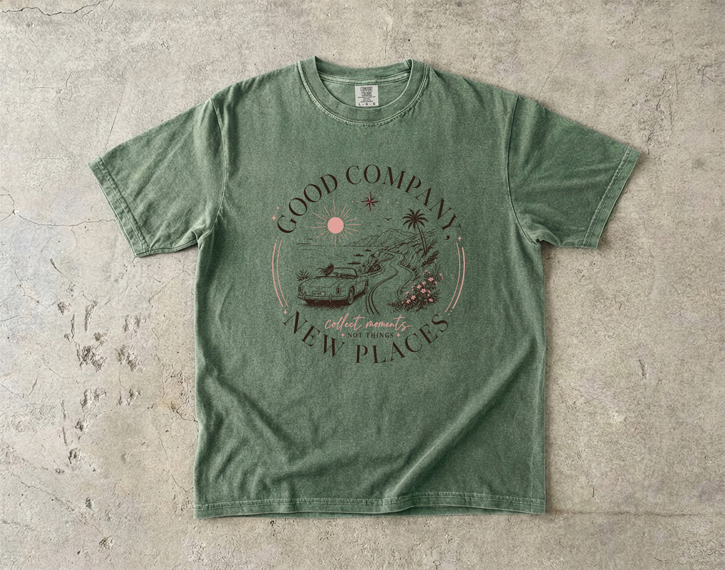 Good Company New Places Girls Trip Shirt in Moss – flat lay