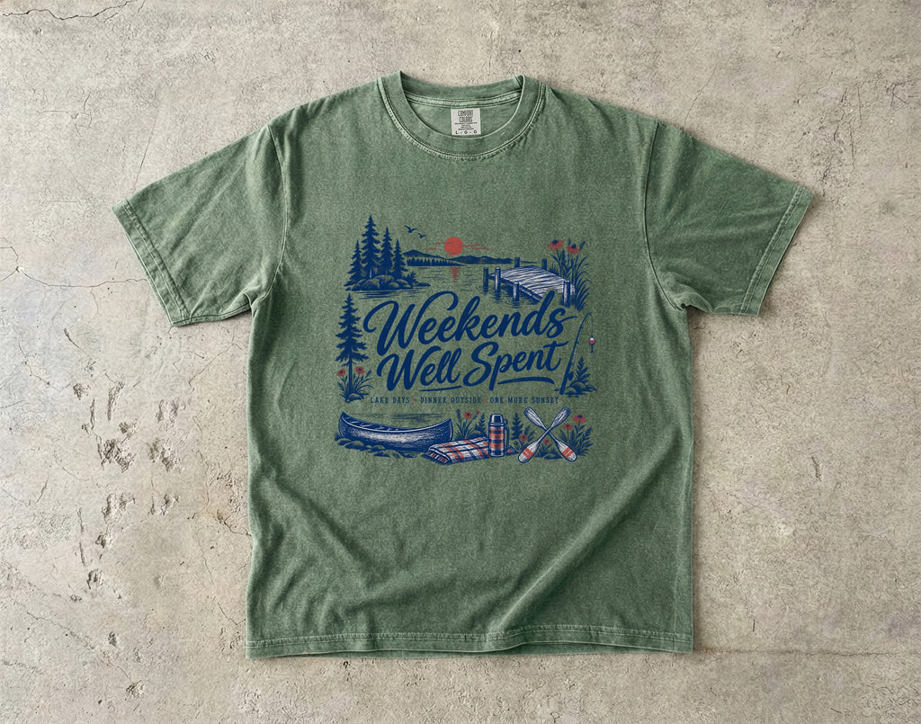 Weekends Well Spent Lake Vacation Shirt in Moss – flat lay