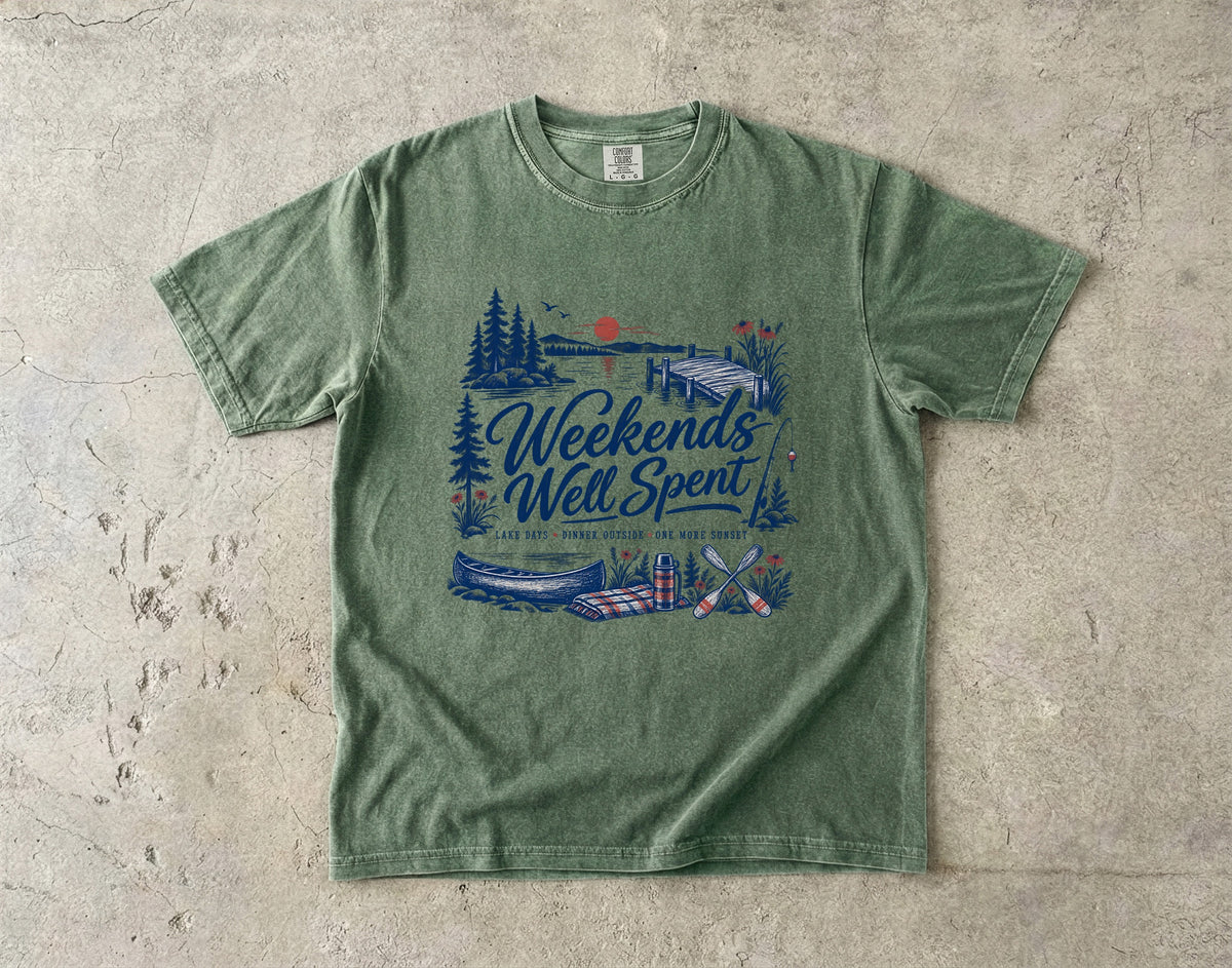 Weekends Well Spent Lake Vacation Shirt in Moss – flat lay