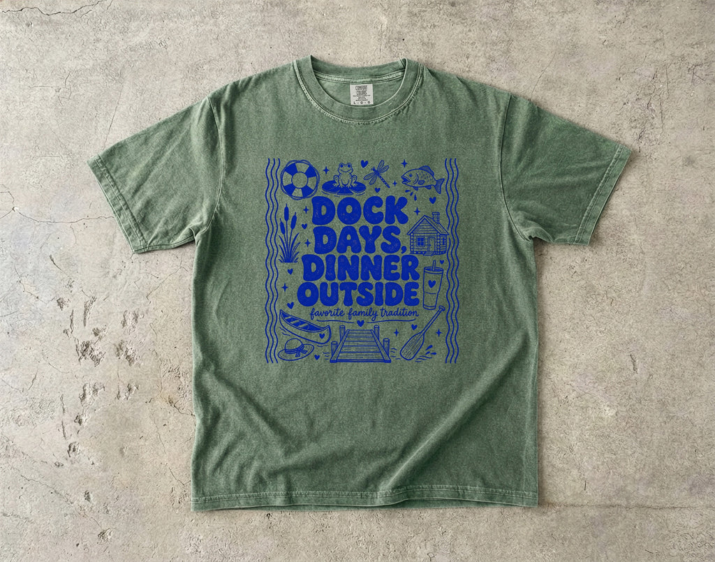 Dock Days Dinner Outside Lake Vacation Shirt in Moss – flat lay