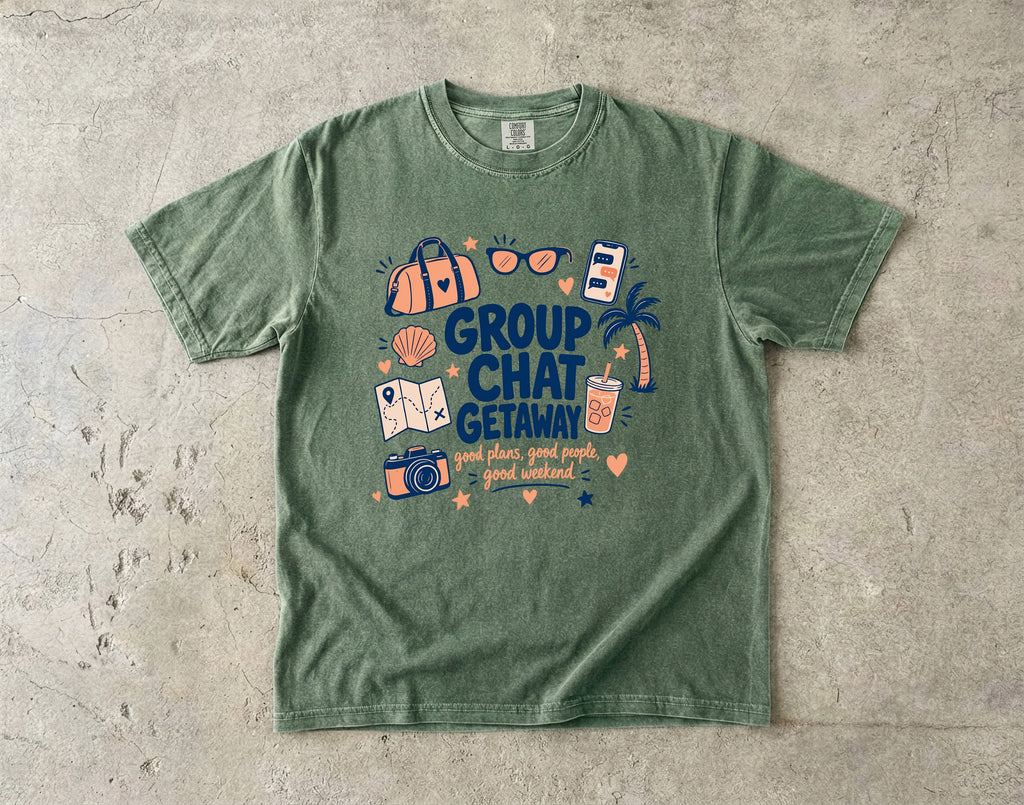 Group Chat Getaway Family Getaway Shirt in Moss – flat lay