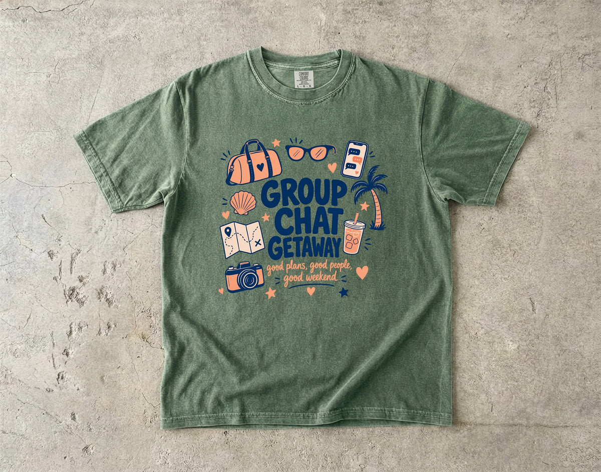 Group Chat Getaway Family Getaway Shirt in Moss – flat lay