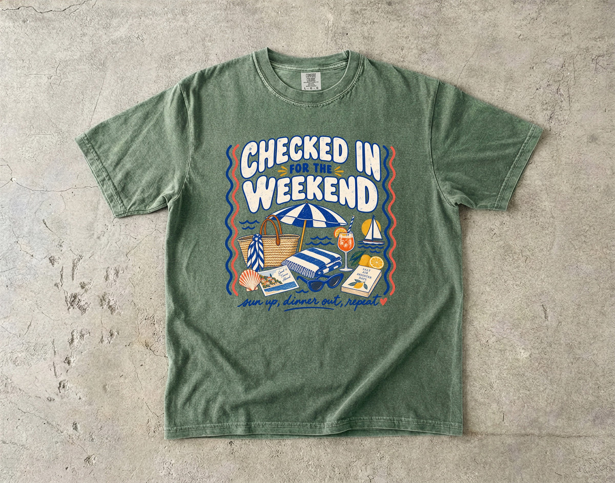 Checked In for the Weekend Beach Vacation Shirt in Moss – flat lay