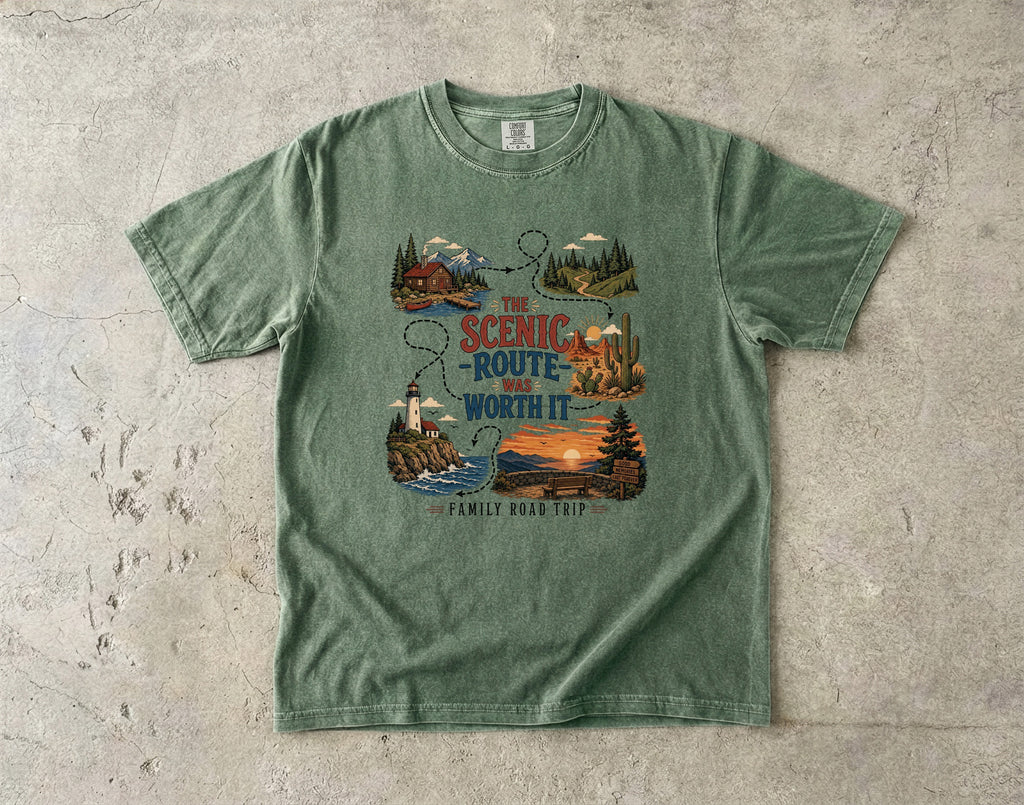 The Scenic Route Was Worth It Road Trip Shirt in Moss – flat lay