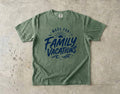 Made for Family Vacations Retro Travel Shirt in Moss – flat lay
