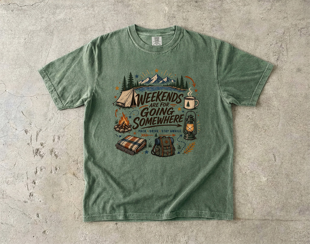 Weekends Are for Going Somewhere Camping Shirt in Moss – flat lay