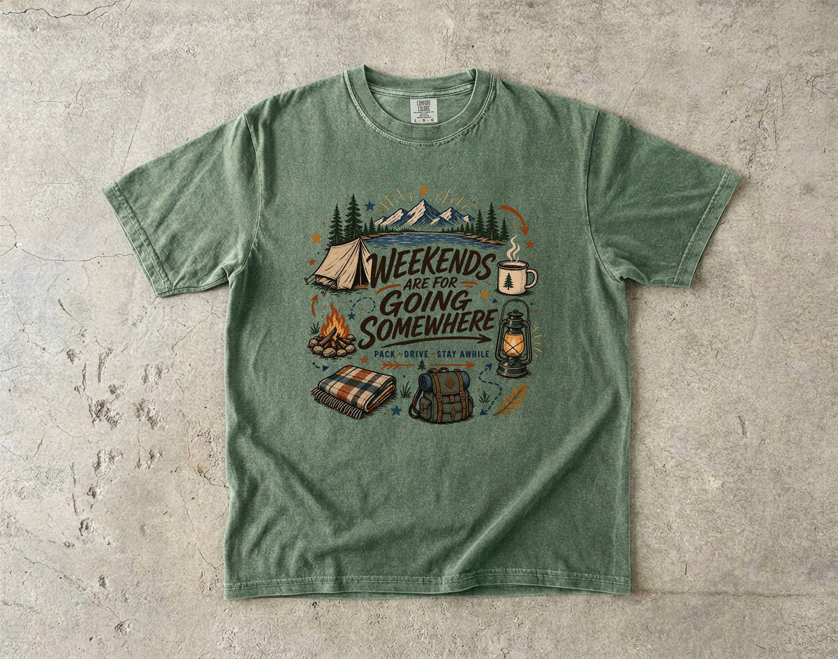 Weekends Are for Going Somewhere Camping Shirt in Moss – flat lay