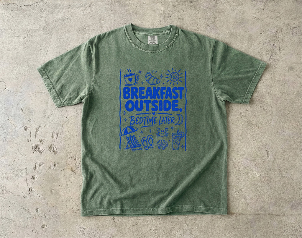 Breakfast Outside Bedtime Later Beach Vacation Shirt in Moss – flat lay