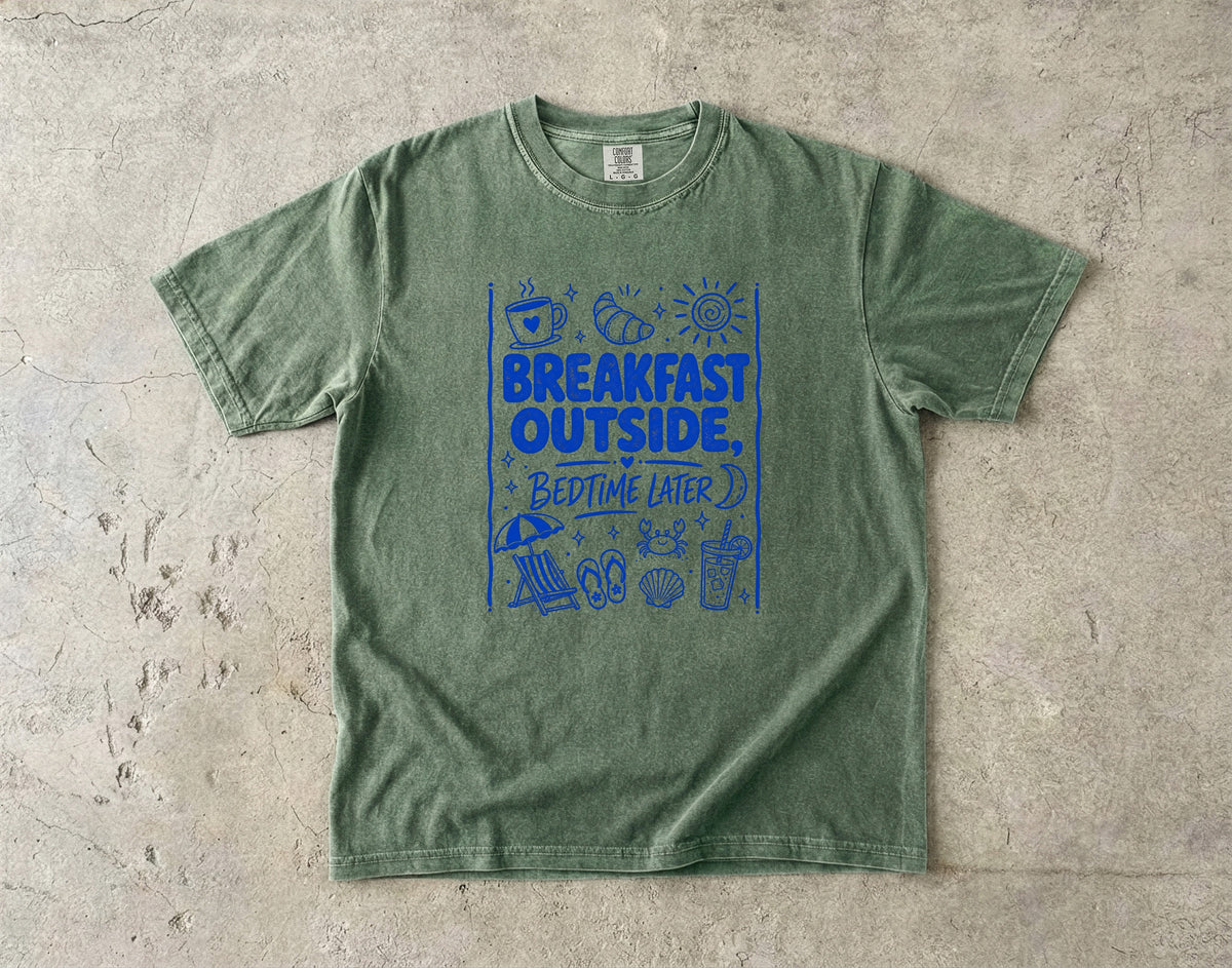 Breakfast Outside Bedtime Later Beach Vacation Shirt in Moss – flat lay