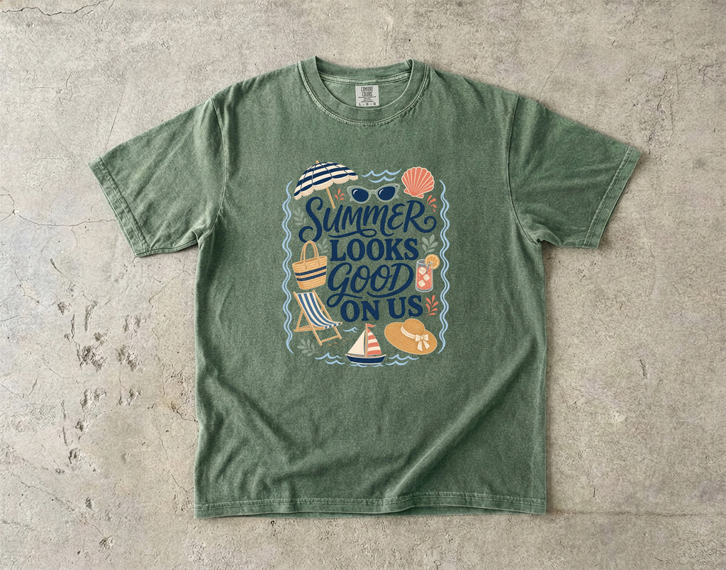 Summer Looks Good On Us Beach Vacation Shirt in Moss – flat lay