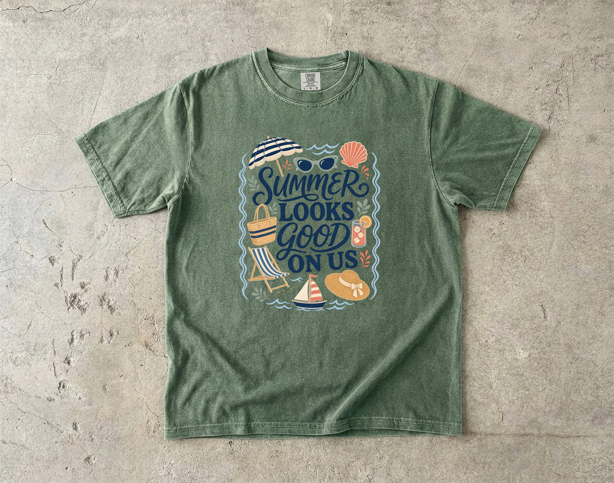 Summer Looks Good On Us Beach Vacation Shirt in Moss – flat lay