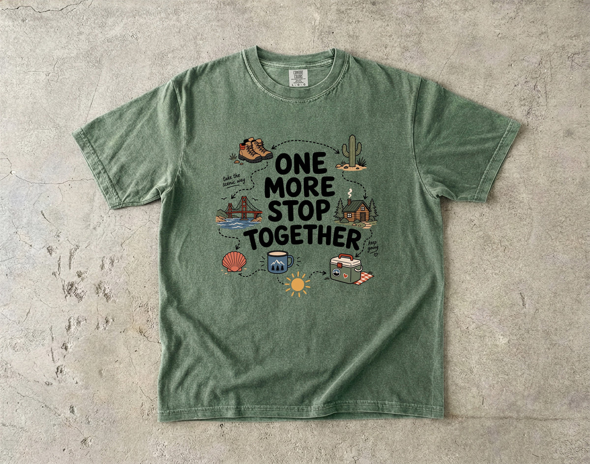 One More Stop Together Road Trip Shirt in Moss – flat lay
