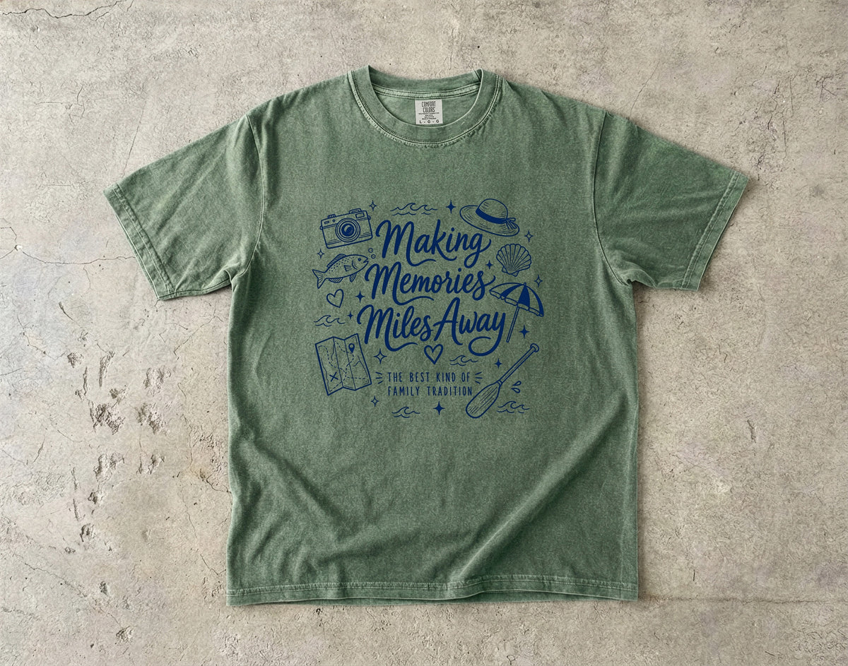Making Memories Miles Away Road Trip Shirt in Moss – flat lay