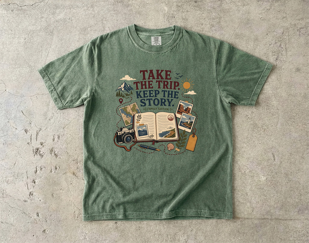 Take the Trip Keep the Story Road Trip Shirt in Moss – flat lay