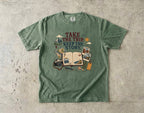 Take the Trip Keep the Story Road Trip Shirt in Moss – flat lay