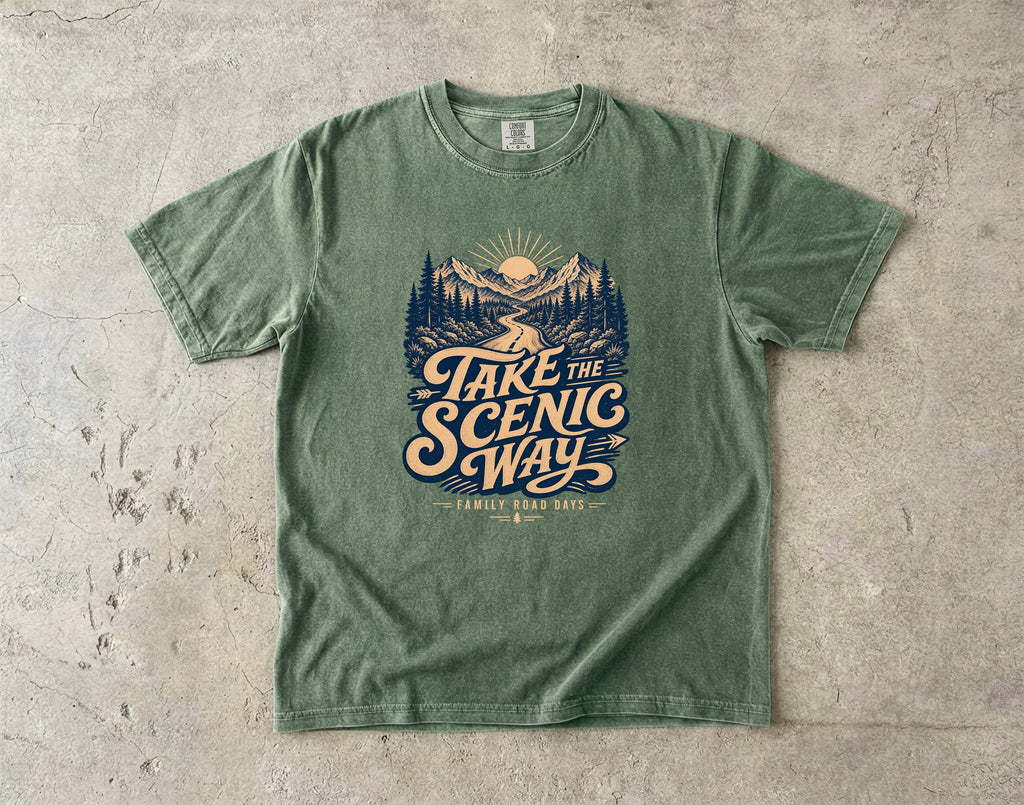 Take the Scenic Way Road Trip Shirt in Moss – flat lay