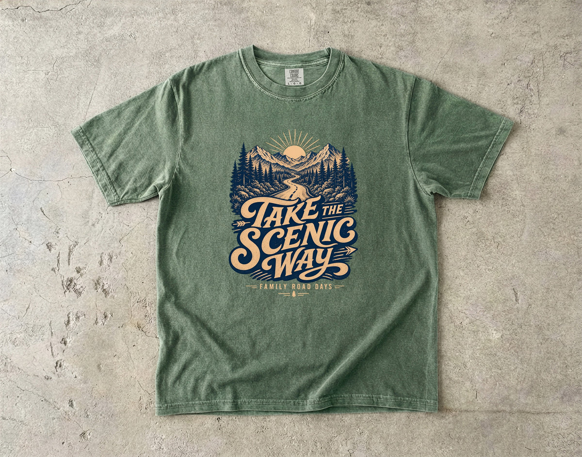 Take the Scenic Way Road Trip Shirt in Moss – flat lay