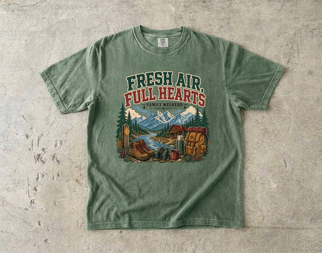 Fresh Air Full Hearts Cabin Weekend Shirt in Moss – flat lay