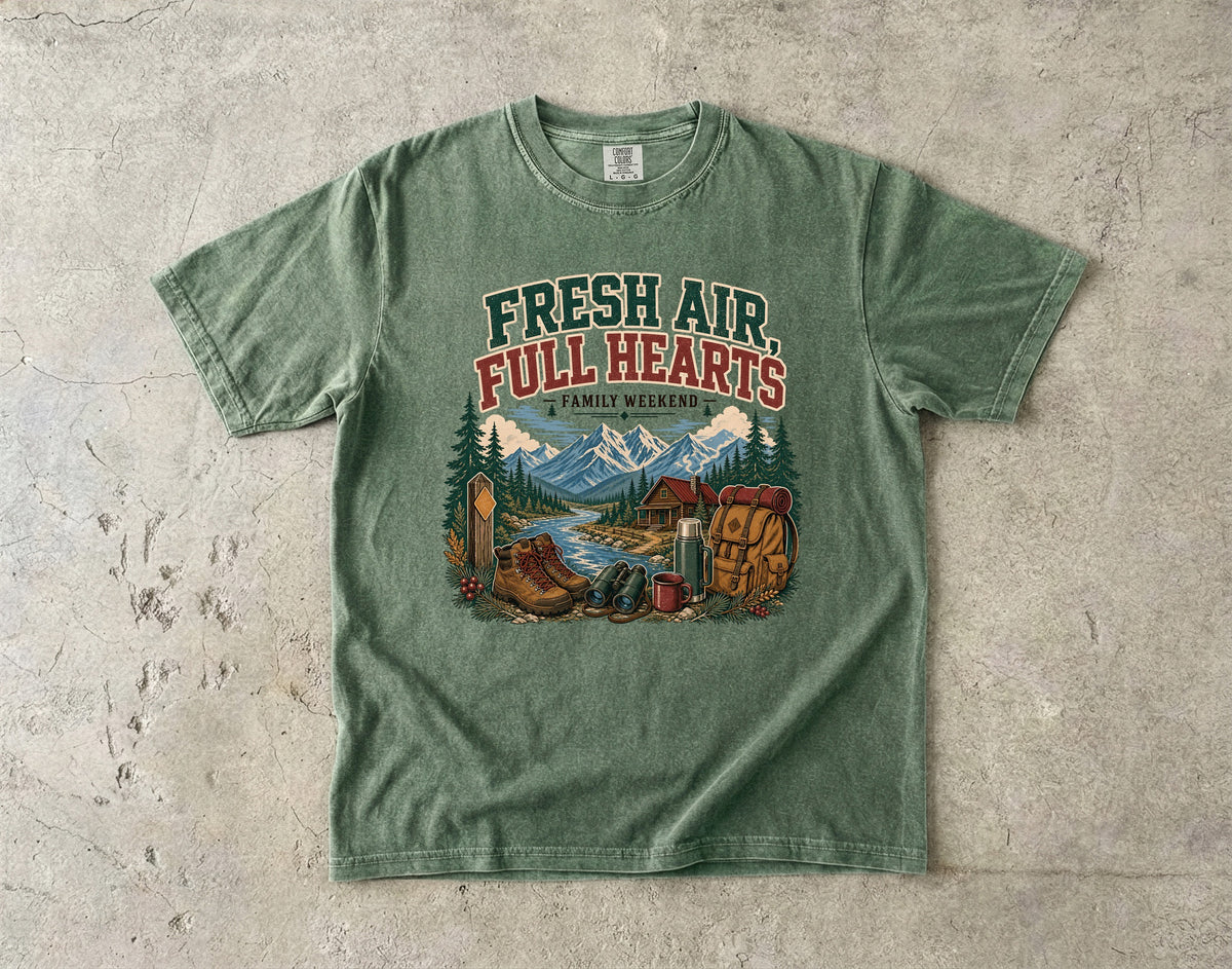Fresh Air Full Hearts Cabin Weekend Shirt in Moss – flat lay