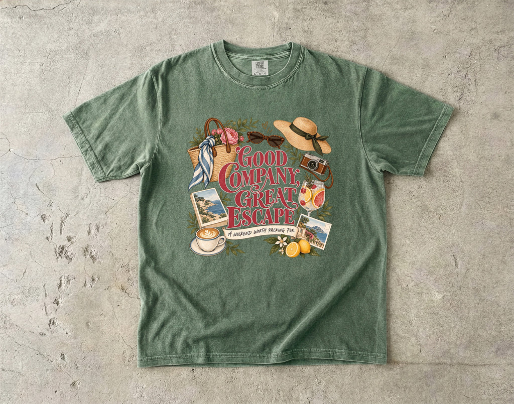 Good Company Great Escape Girls Trip Shirt in Moss – flat lay