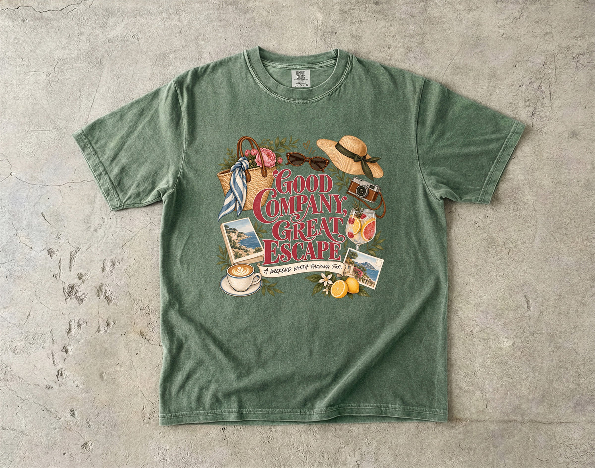 Good Company Great Escape Girls Trip Shirt in Moss – flat lay