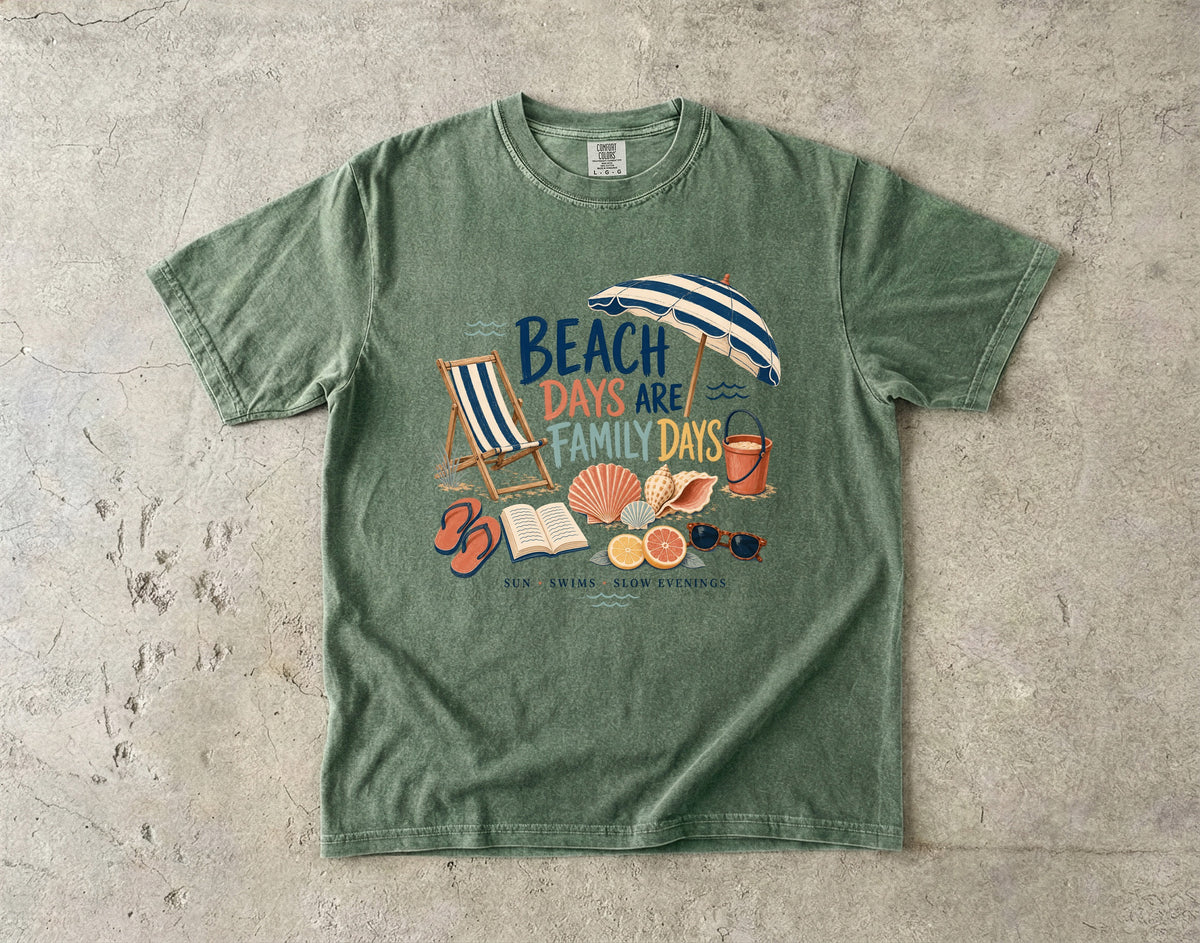 Beach Days Are Family Days Beach Vacation Shirt in Moss – flat lay