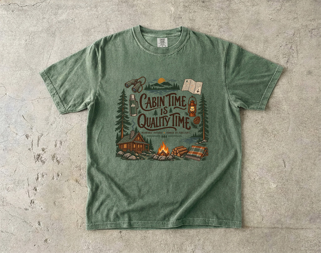 Cabin Time Is Quality Time Lake Vacation Shirt in Moss – flat lay