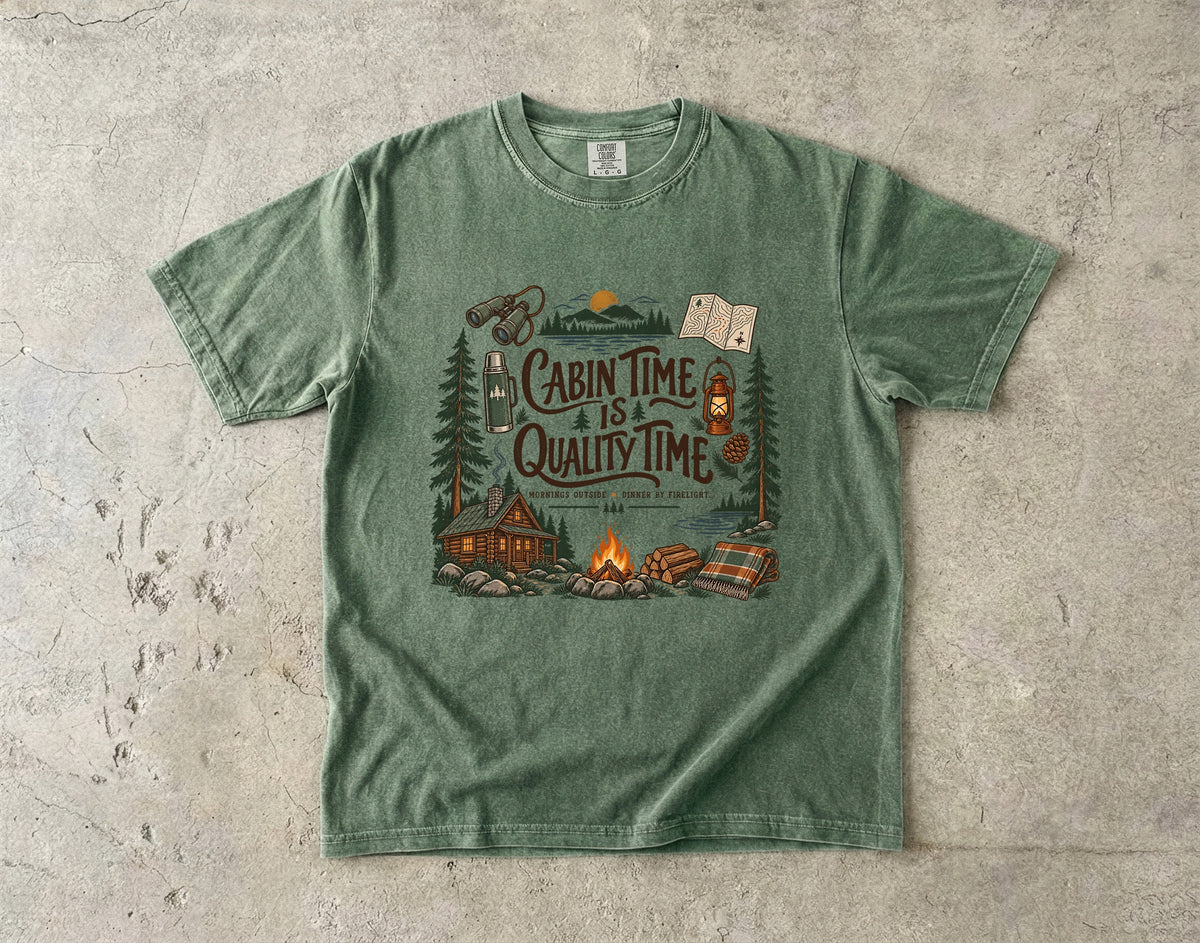 Cabin Time Is Quality Time Lake Vacation Shirt in Moss – flat lay