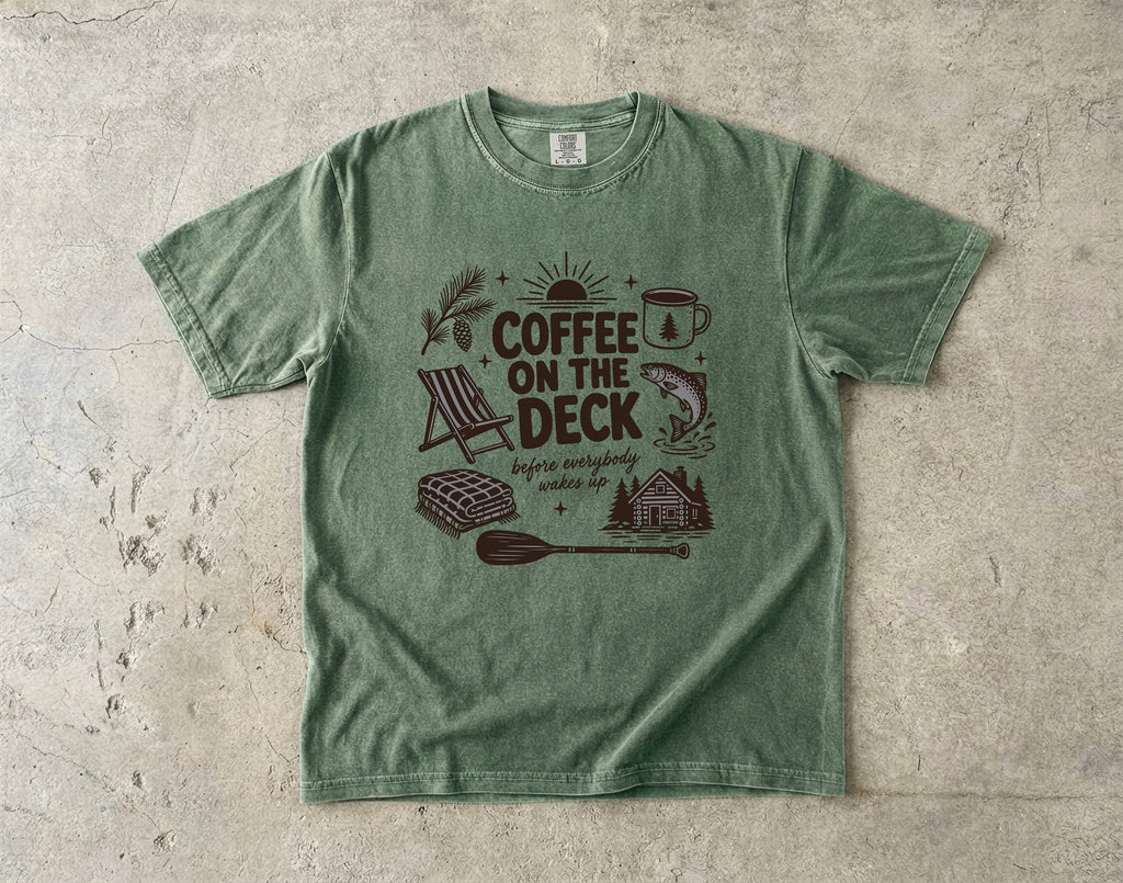 Coffee on the Deck Lake Vacation Shirt in Moss – flat lay