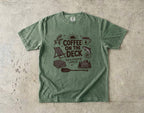 Coffee on the Deck Lake Vacation Shirt in Moss – flat lay
