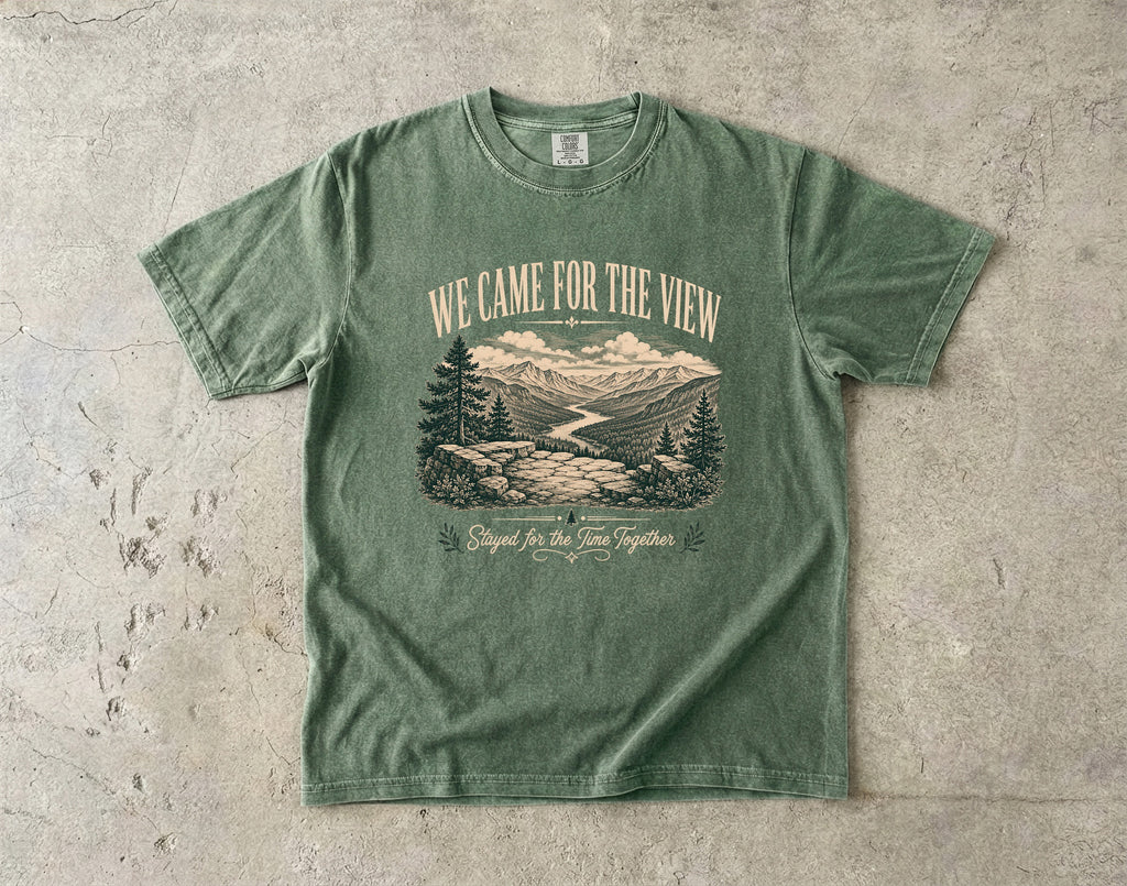 We Came for the View Mountain Adventure Shirt in Moss – flat lay