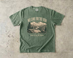 We Came for the View Mountain Adventure Shirt in Moss – flat lay