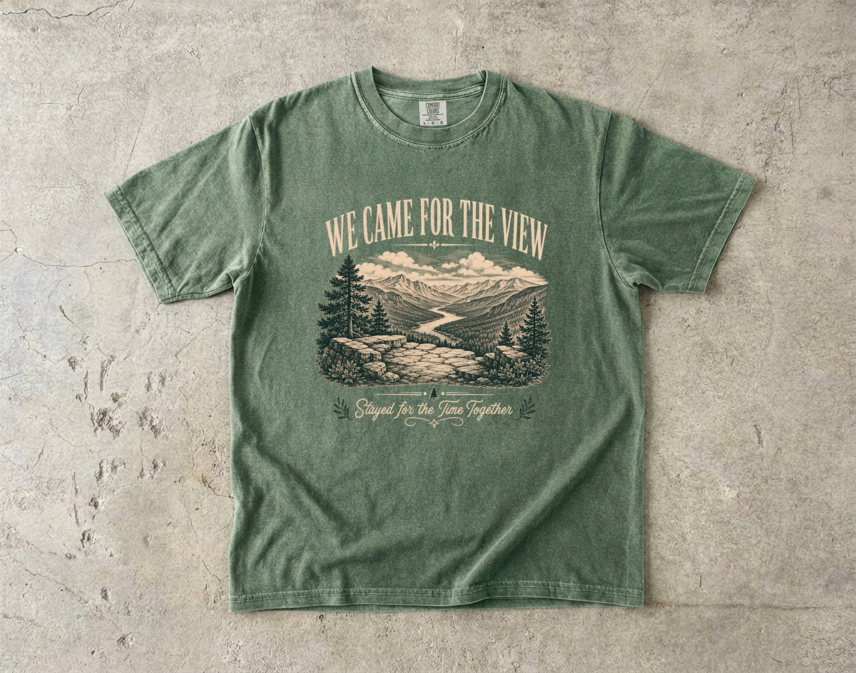 We Came for the View Mountain Adventure Shirt in Moss – flat lay