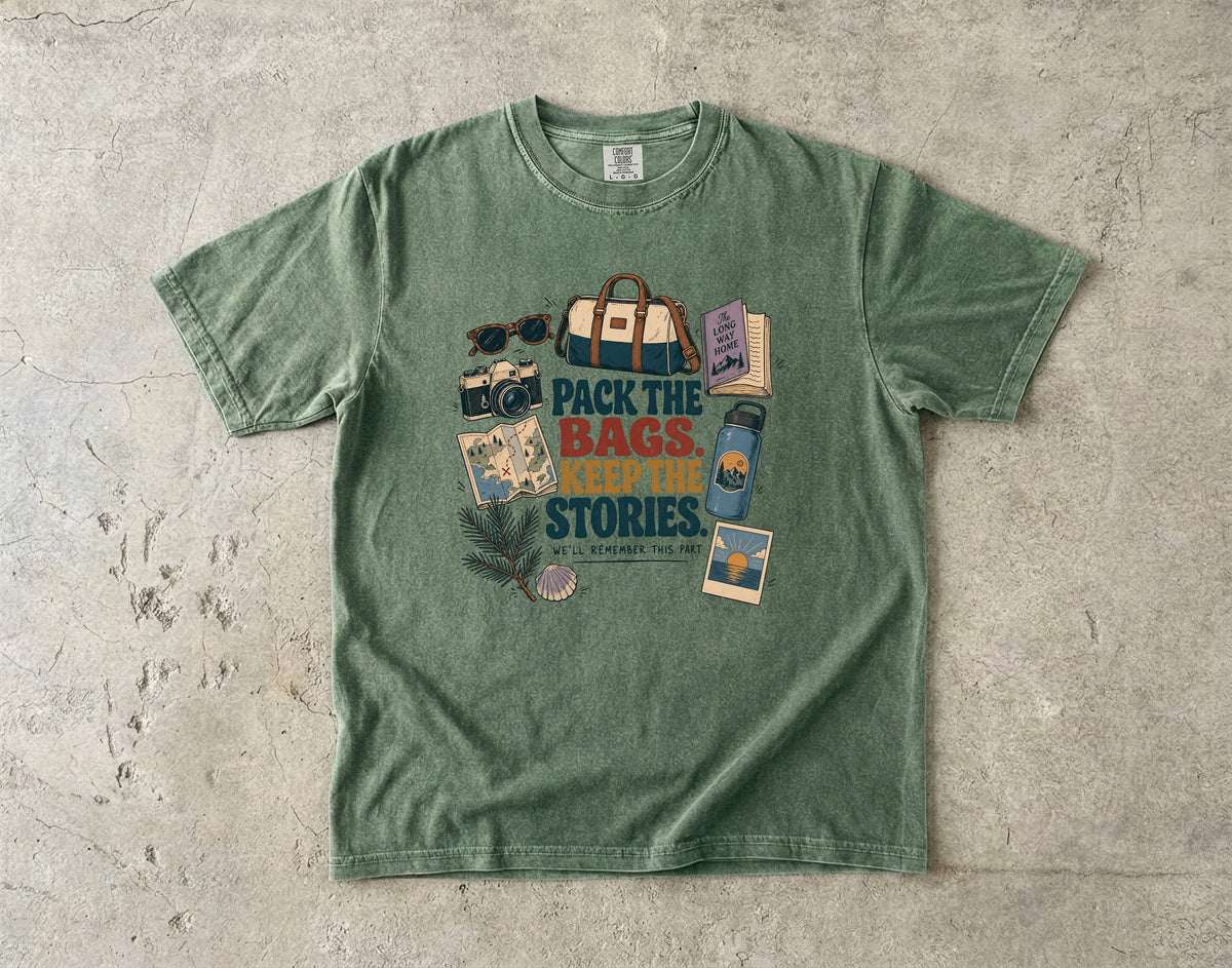 Pack the Bags Keep the Stories Family Getaway Shirt in Moss – flat lay