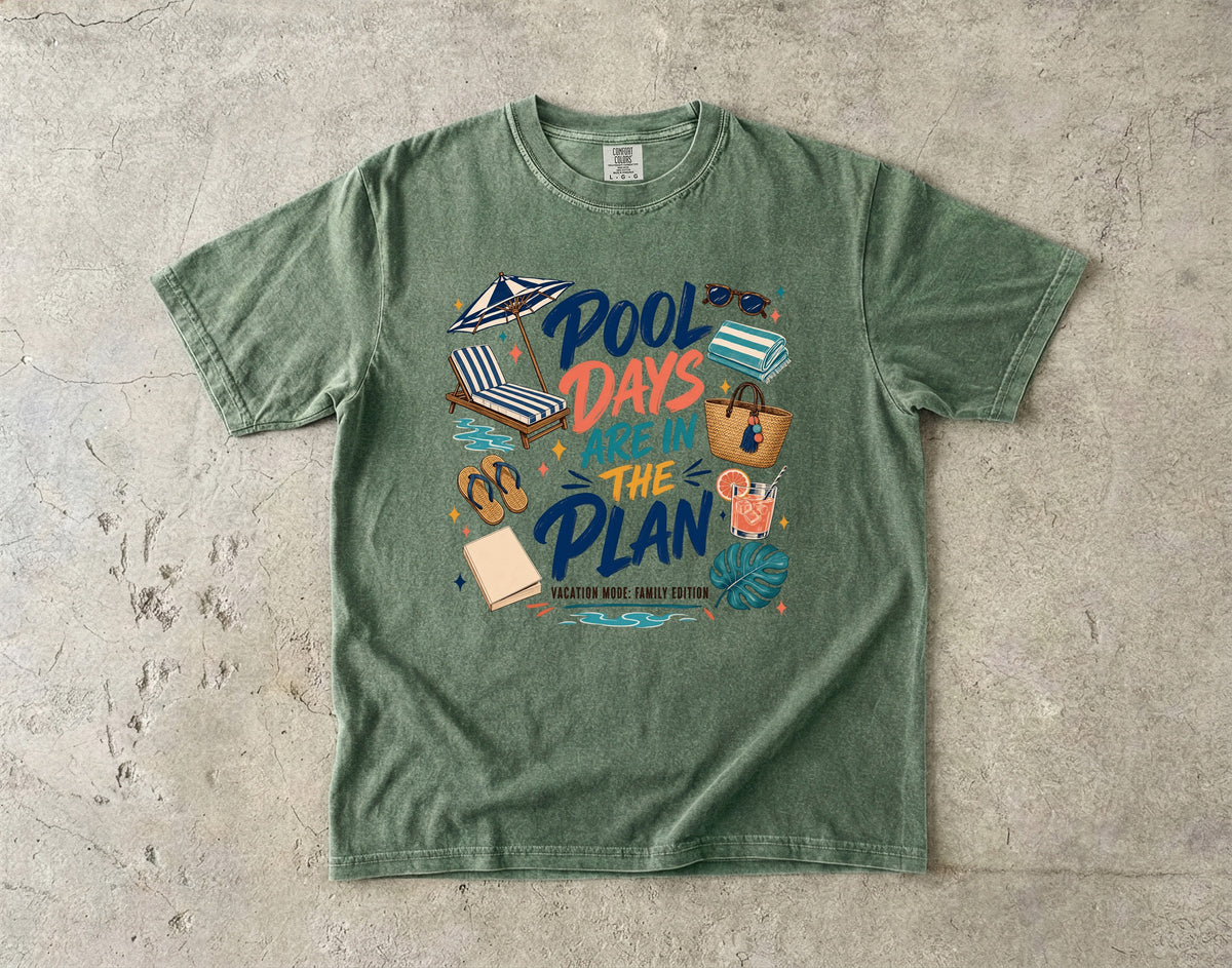 Pool Days Are in the Plan Family Getaway Shirt in Moss – flat lay