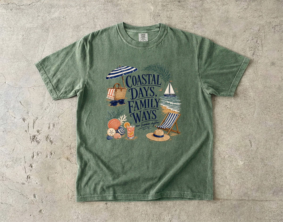 Coastal Days Family Ways Beach Vacation Shirt in Moss – flat lay