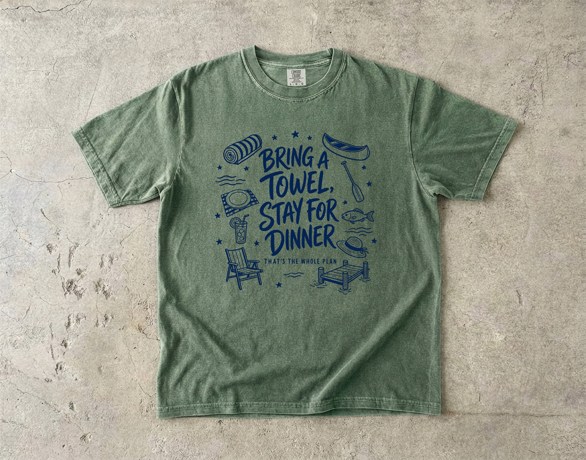 Bring a Towel Stay for Dinner Lake Vacation Shirt in Moss – flat lay