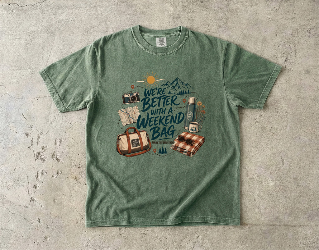 We're Better with a Weekend Bag Road Trip Shirt in Moss – flat lay
