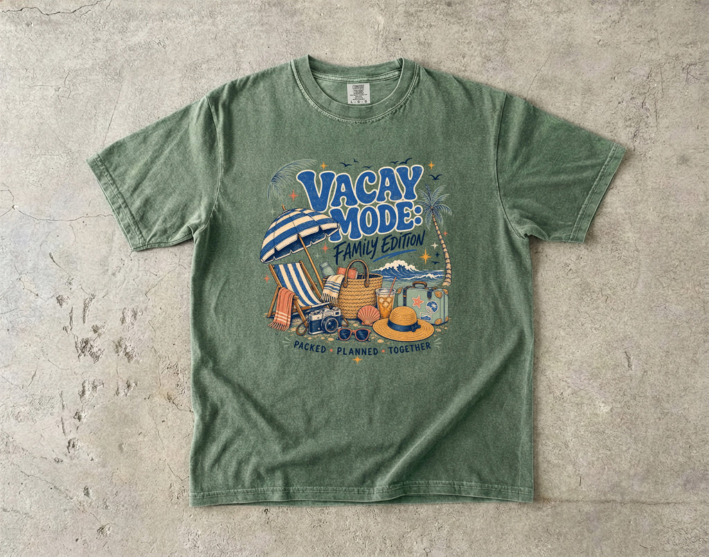 Vacay Mode Family Edition Travel Mom Shirt in Moss – flat lay