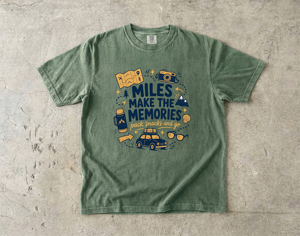 Miles Make the Memories Road Trip Shirt in Moss – flat lay