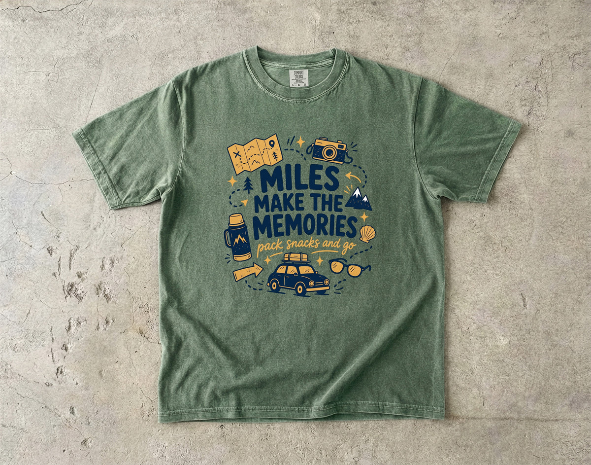 Miles Make the Memories Road Trip Shirt in Moss – flat lay