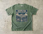 Where Our Stories Get Better Mountain Adventure Shirt in Moss – flat lay