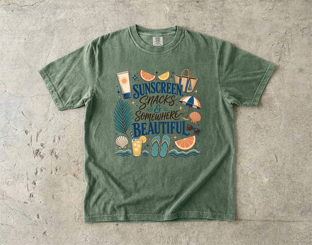 Sunscreen Snacks and Somewhere Beautiful Beach Vacation Shirt in Moss – flat lay