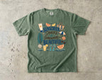 Sunscreen Snacks and Somewhere Beautiful Beach Vacation Shirt in Moss – flat lay