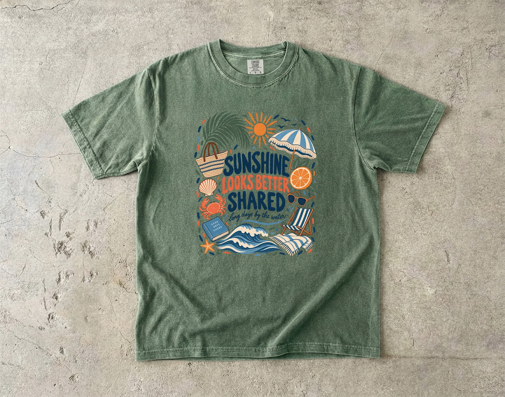 Sunshine Looks Better Shared Beach Vacation Shirt in Moss – flat lay