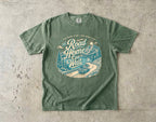 The Road Home Can Wait Road Trip Shirt in Moss – flat lay