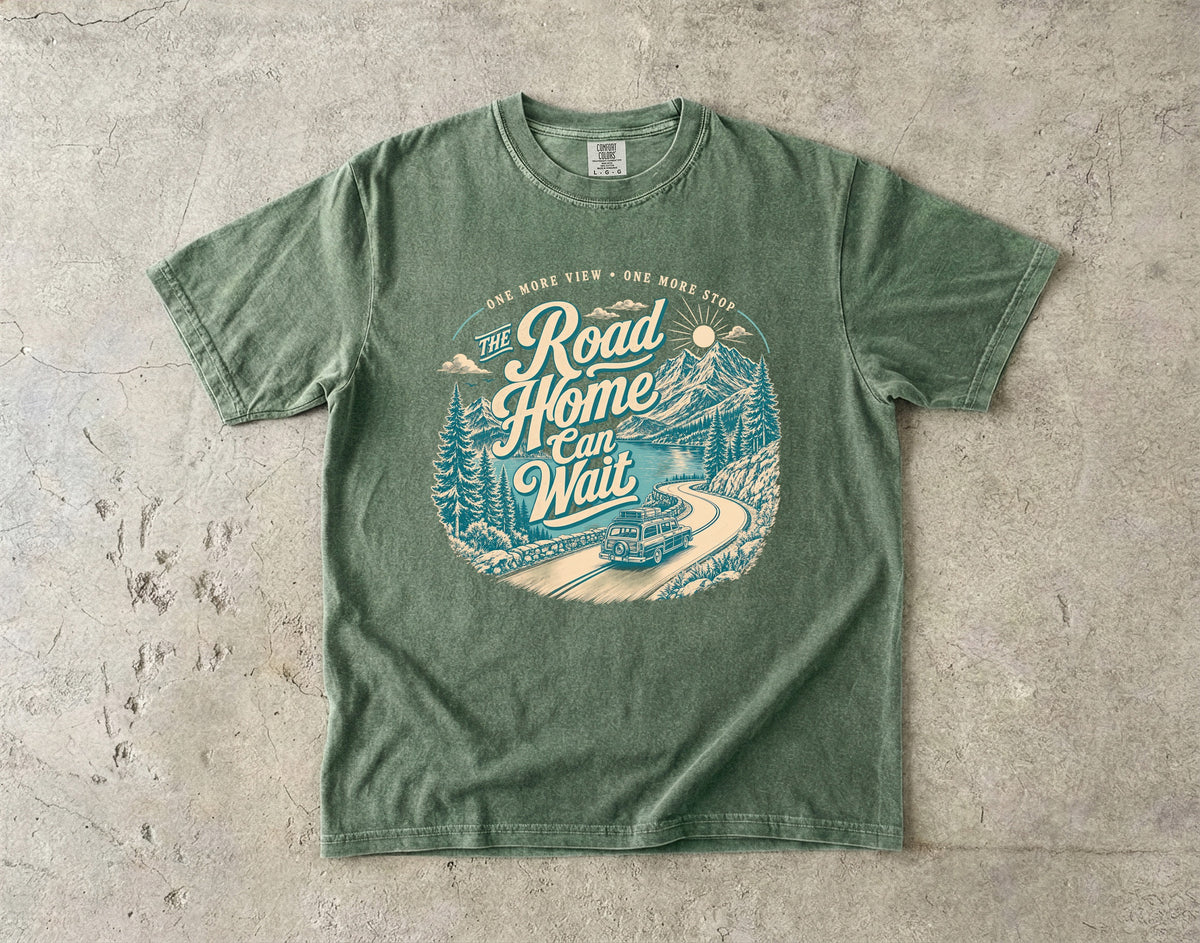 The Road Home Can Wait Road Trip Shirt in Moss – flat lay