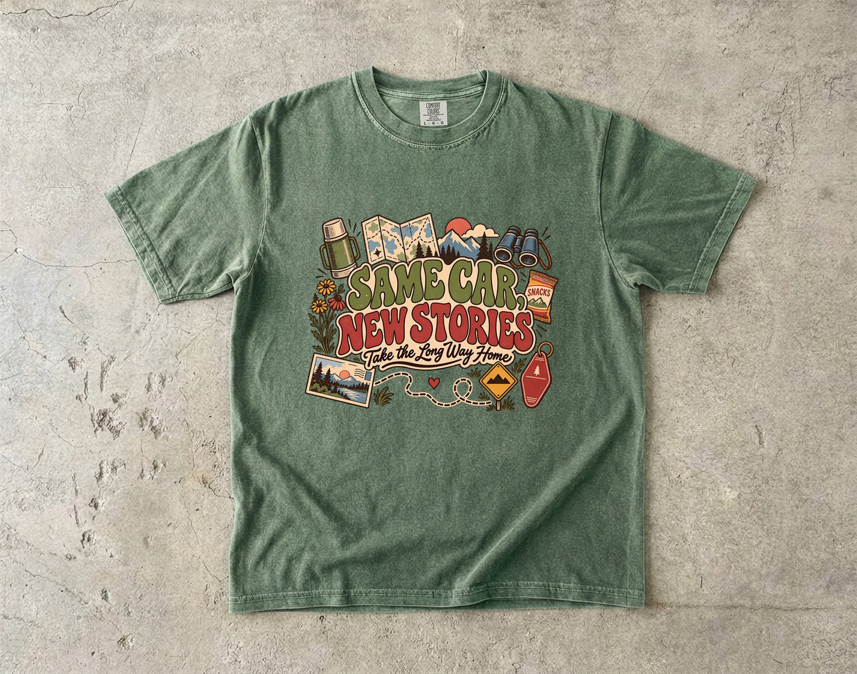 Same Car New Stories Road Trip Shirt in Moss – flat lay