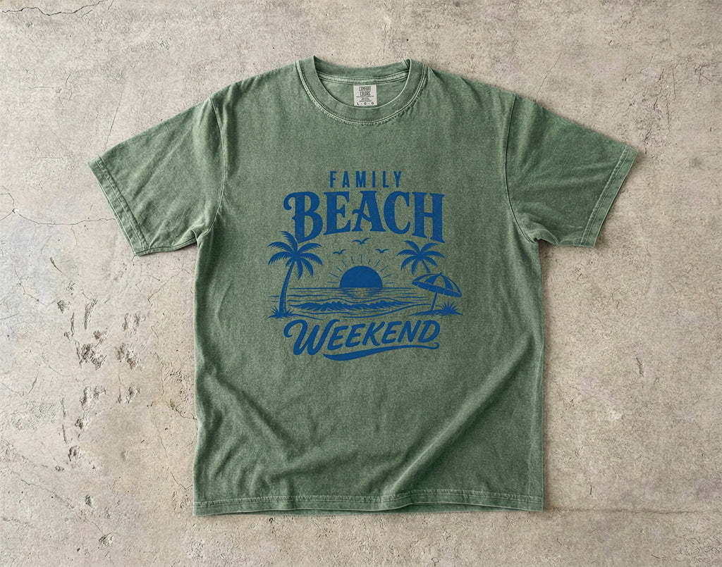 Family Beach Weekend Shirt in Moss – flat lay